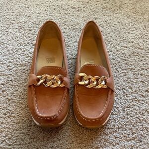 Women's Tan Loafers with Gold Chain Detail